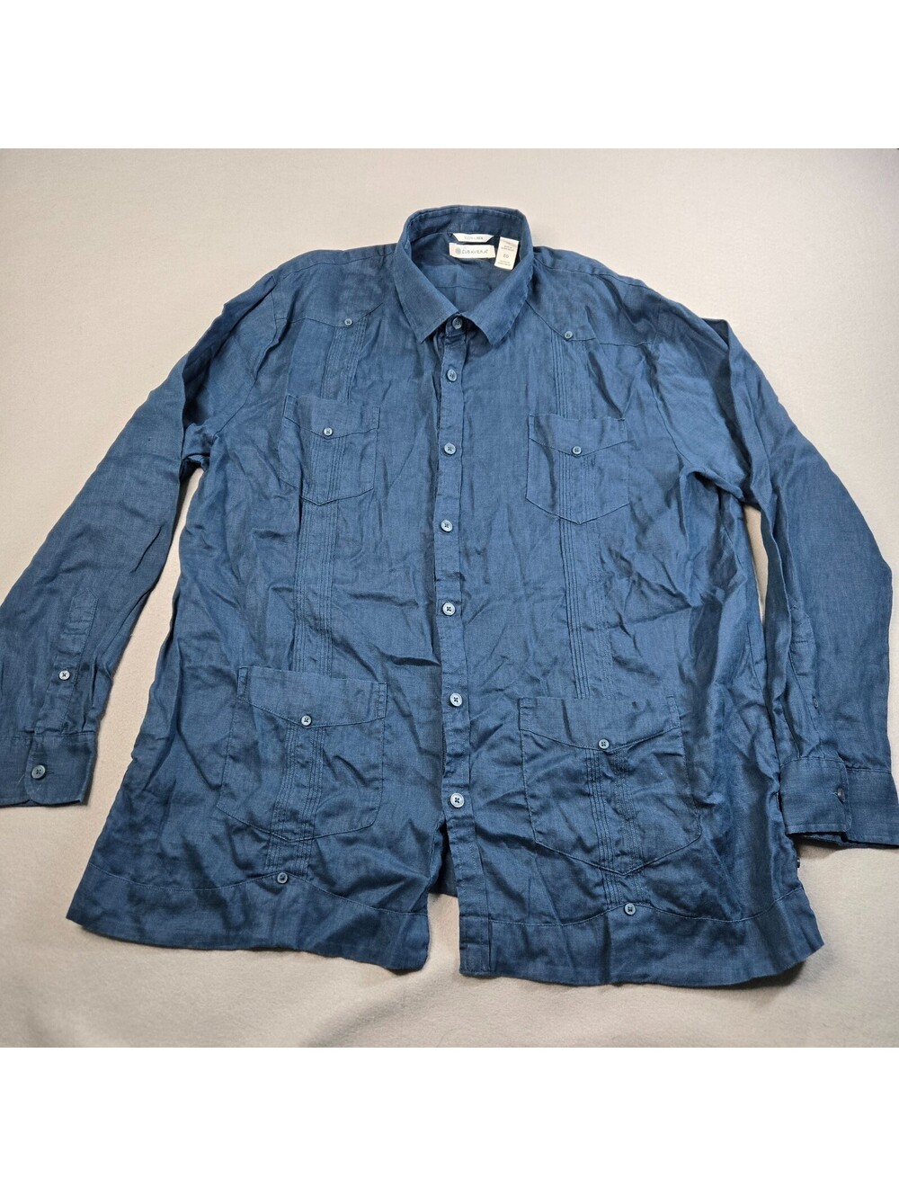 Cubavera Men’s XL Navy 100% Linen 4 Pocket Guayabera Shirt Cuban Wedding Vintage